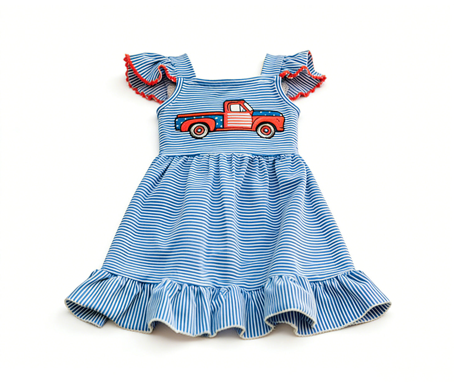 MOQ 5 PCS Preorder GSD3629 4th of July Truck Blue Stripe Flying Sleeve Dresses for Girls 202601