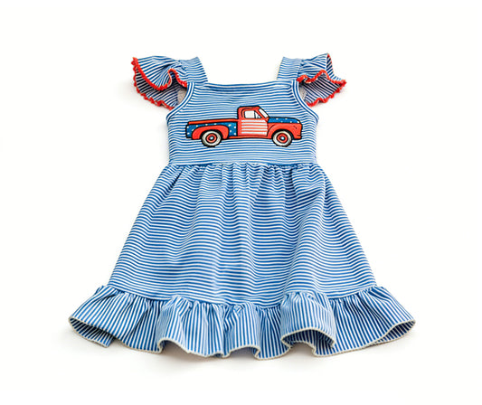 MOQ 5 PCS Preorder GSD3629 4th of July Truck Blue Stripe Flying Sleeve Dresses for Girls 202601