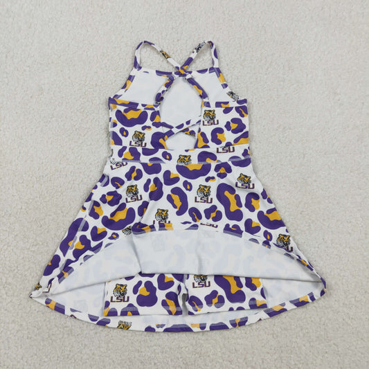 GSD3639 Go Team LSU Purple Orange Leopard Yoga Sleeveless Dresses for Girls 202602 RTS