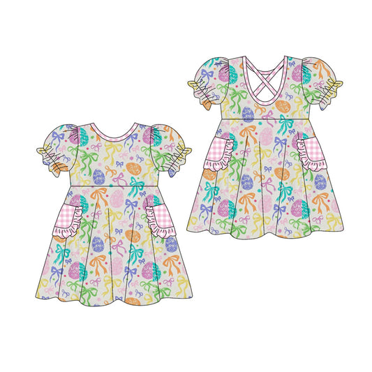MOQ 5 PCS Preorder GSD3644 Easter Colored Eggs Bows Short Sleeve Dresses for Girls 202601