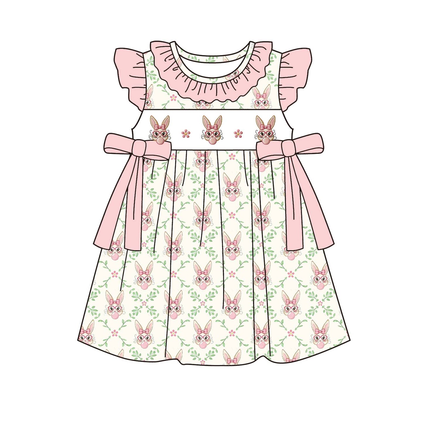 MOQ 5 PCS Preorder GSD3646 Easter Bunny Bows Flower Leaf Pink Flying Sleeve Dresses for Girls 202601