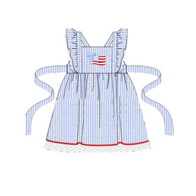 MOQ 5 PCS Preorder GSD3647 4th of July Bow Flag Lace Ruffle Blue Plaid Flying Sleeve Dresses for Girls 202601