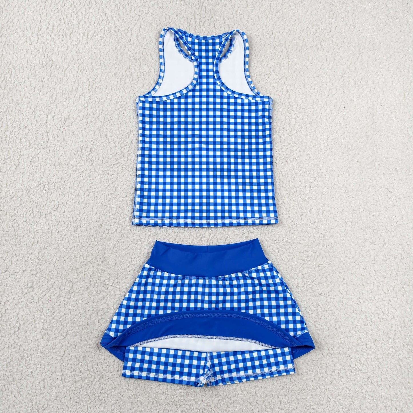 GSD3652 Solid Blue Plaid Sleeveless Top with Skirts for Girls Yoga Sets 202606 RTS