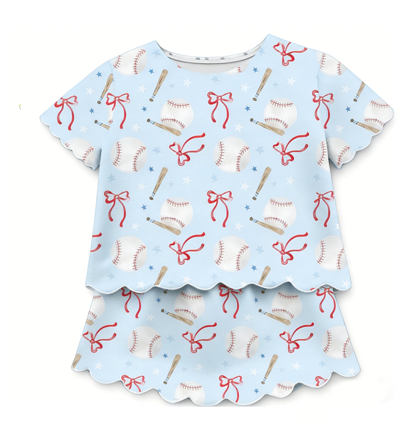 MOQ 5 PCS preorder GSD3656 Baseball Star Bows Light Blue Short Sleeve Shorts Skirts Girls Yoga Sets 202601