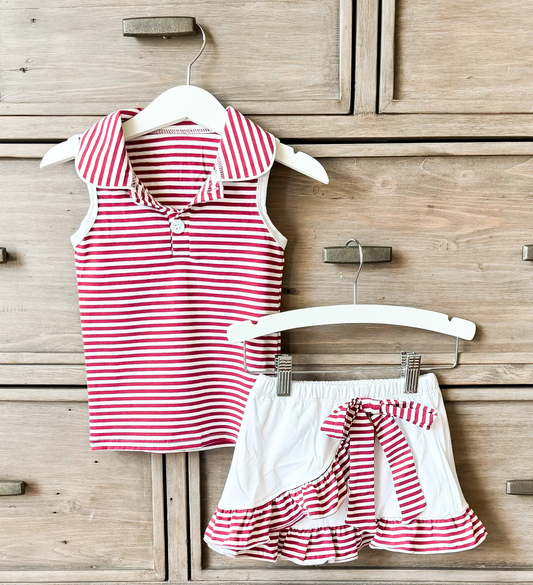 MOQ 5 PCS preorder GSD3660 GO TEAM Red Stripe Polo Sleeveless Top with Skirts for Girls Yoga Sets 202601