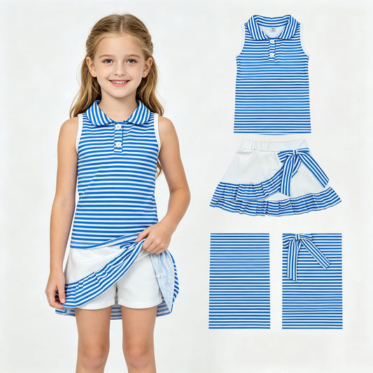 GSD3661 GO TEAM Blue Stripe Polo Sleeveless Top with Skirts for Girls Yoga Sets 202604 RTS