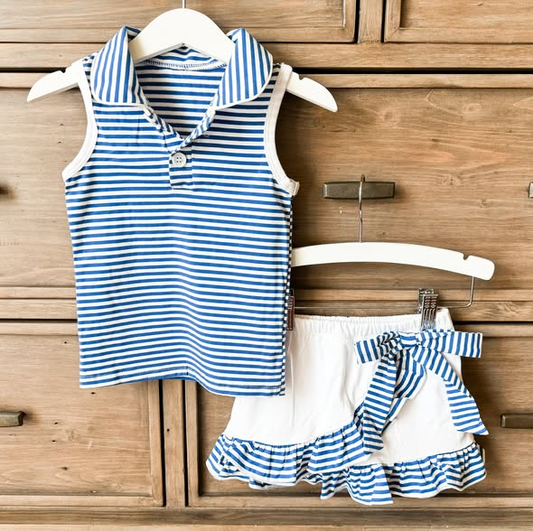 MOQ 5 PCS preorder GSD3661 GO TEAM Blue Stripe Polo Sleeveless Top with Skirts for Girls Yoga Sets 202601