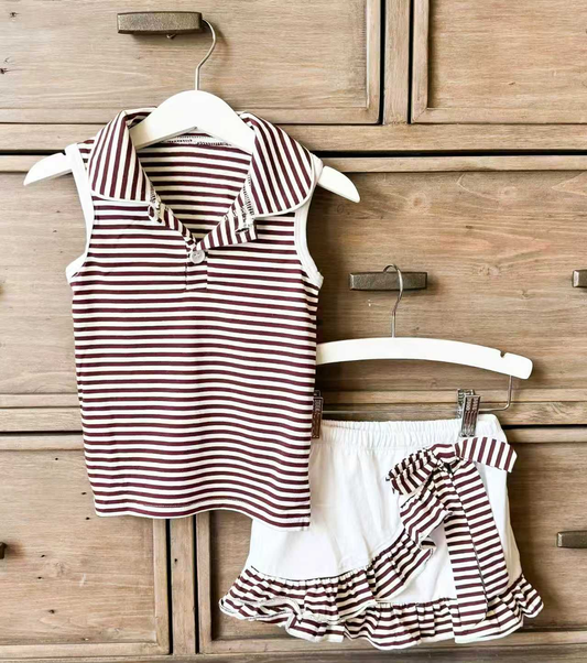 MOQ 5 PCS preorder GSD3662 GO TEAM Brown Stripe Polo Sleeveless Top with Skirts for Girls Yoga Sets 202601