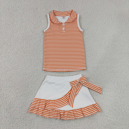 GSD3663 GO TEAM Orange Stripe Polo Sleeveless Top with Skirts for Girls Yoga Sets 202606 RTS