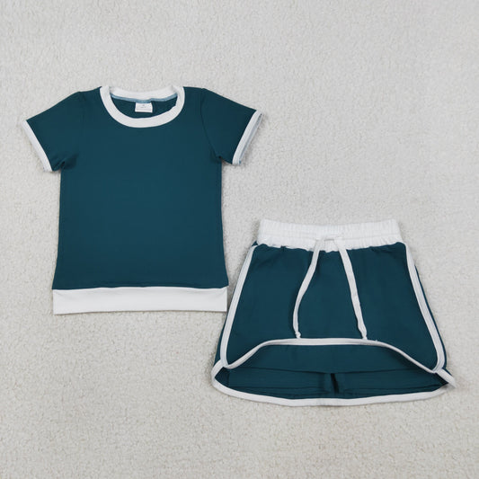 GSD3670 Dark Green White Patchwork Short Sleeve Top with Skirts for Girls Cotton Sets 202603 RTS