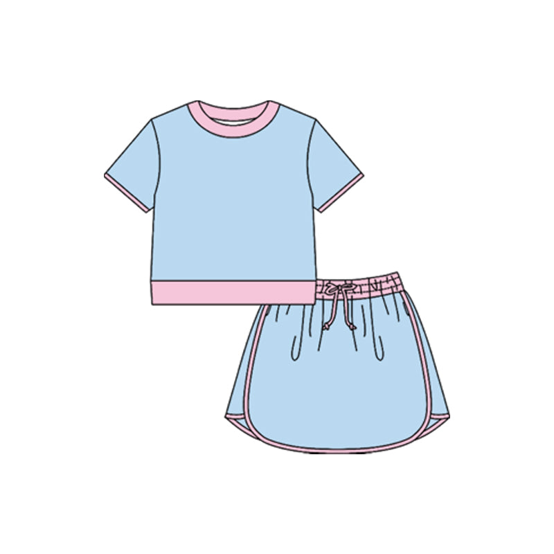 MOQ 5 PCS preorder GSD3671 Blue Pink Patchwork Short Sleeve Top with Skirts for Girls Yoga Sets 202601