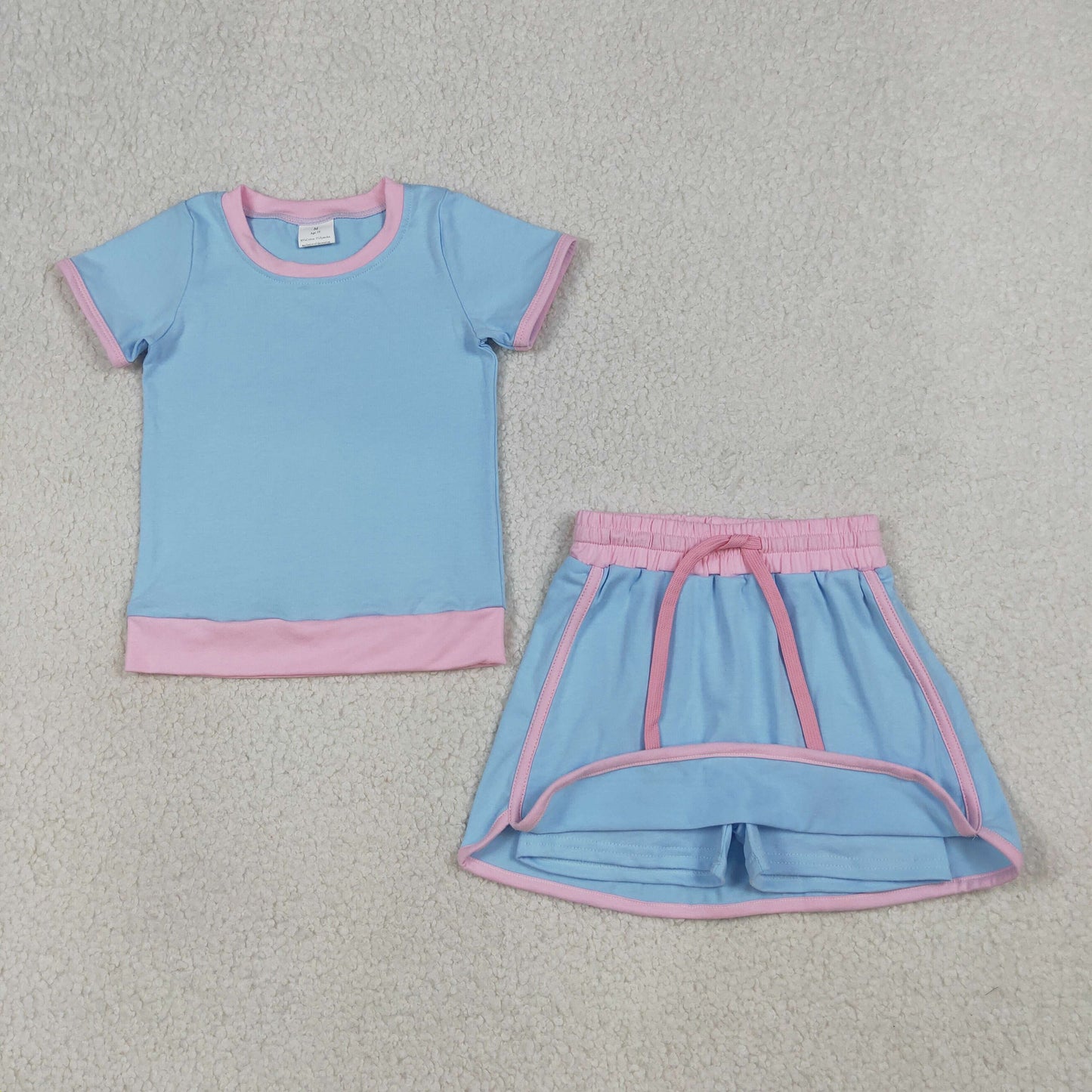 GSD3671 Blue Pink Patchwork Short Sleeve Top with Skirts for Girls Cotton Sets 202603 RTS