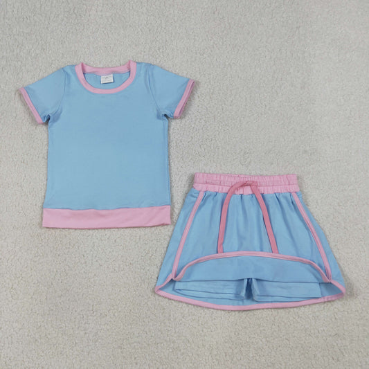 GSD3671 Blue Pink Patchwork Short Sleeve Top with Skirts for Girls Cotton Sets 202603 RTS