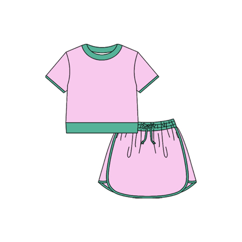 MOQ 5 PCS preorder GSD3672 Pink Green Patchwork Short Sleeve Top with Skirts for Girls Yoga Sets 202601