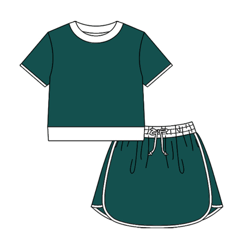 MOQ 5 PCS preorder GSD3673 Adult Female Dark Green White Patchwork Short Sleeve Top with Skirts Yoga Sets 202601
