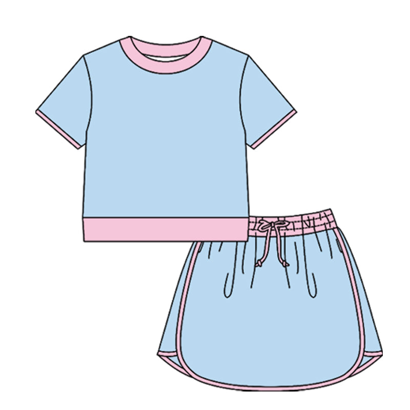 MOQ 5 PCS preorder GSD3674 Adult Female Blue Pink Patchwork Short Sleeve Top with Skirts Yoga Sets 202601