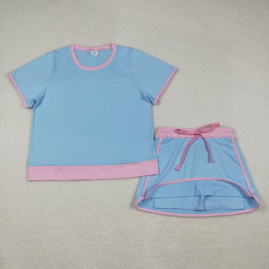GSD3674 Adult Female Blue Pink Patchwork Short Sleeve Top with Skirts Cotton Sets 202603 RTS