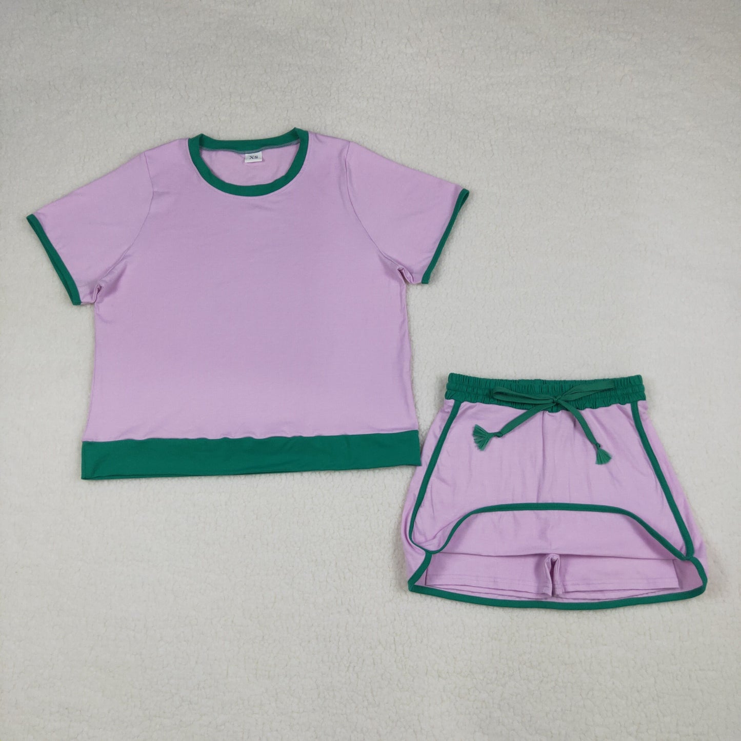 GSD3675 Adult Female Pink Green Patchwork Short Sleeve Top with Skirts Cotton Sets 202604 RTS