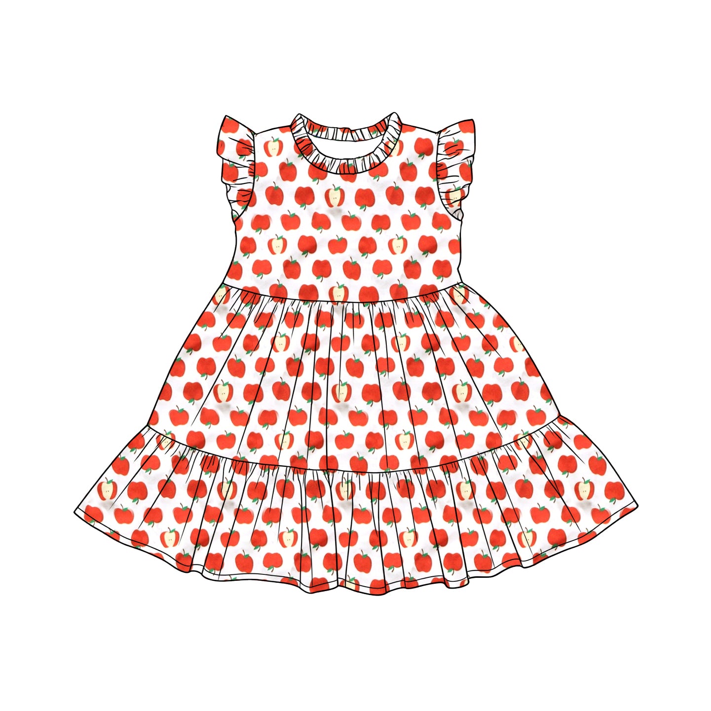 MOQ 5 PCS Preorder GSD3681 Back to School Apple White Flying Sleeve Dresses for Girls 202601