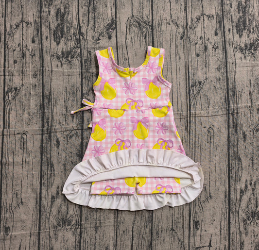 NO MOQ Preorder GSD3683 Lemon Pink Bows Plaid Ruffle Sleeveless Yoga Dresses for Girls 202602