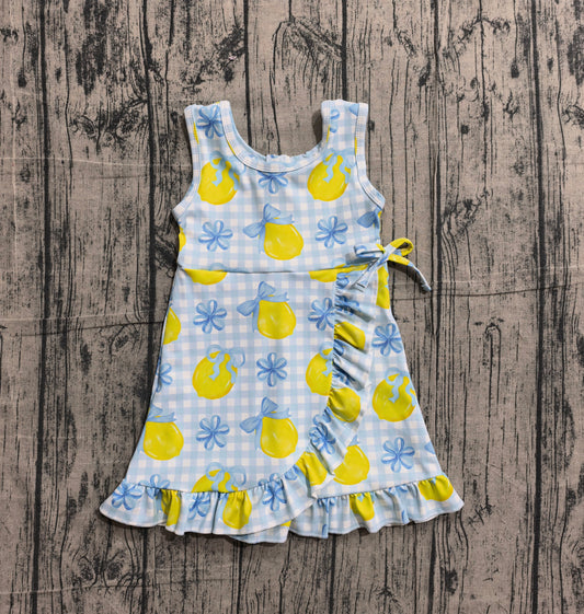NO MOQ Preorder GSD3684 Lemon Blue Bows Plaid Ruffle Sleeveless Yoga Dresses for Girls 202602