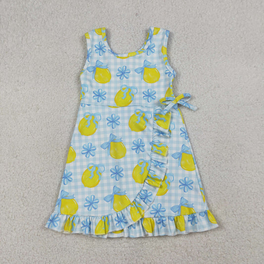 GSD3684 Lemon Blue Bows Plaid Ruffle Sleeveless Yoga Dresses for Girls 202603 RTS