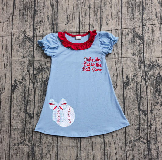 NO MOQ Preorder GSD3685 Embroidered Baseball Bow Red Ruffle Blue Short Sleeve Dresses for Girls 202601