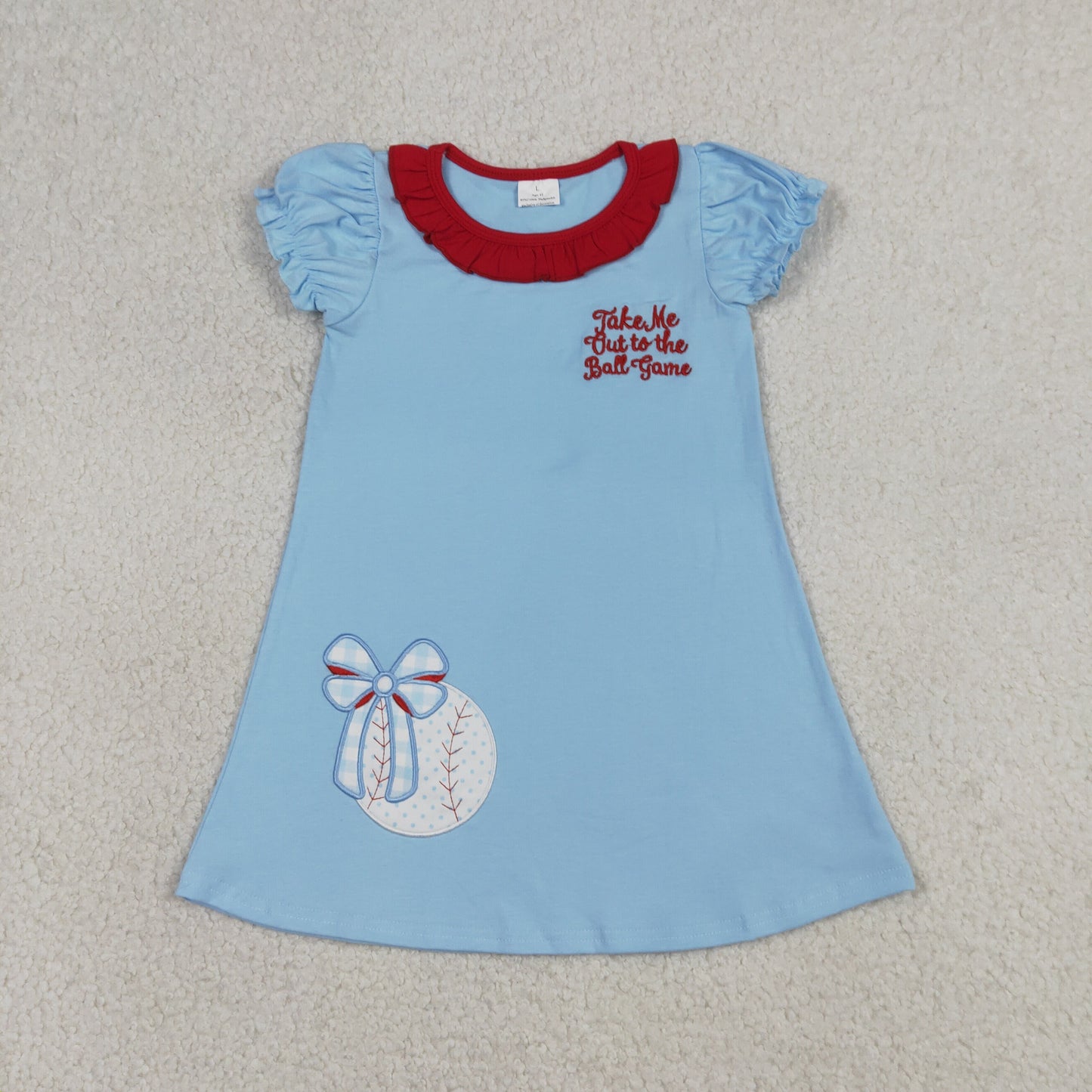 GSD3685 Embroidered Baseball Bow Red Ruffle Blue Short Sleeve Dresses for Girls 202604 RTS