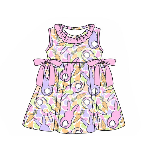 MOQ 5 PCS Preorder GSD3686 Easter Bunny Pink Purple Bows Sleeveless Dresses for Girls 202601