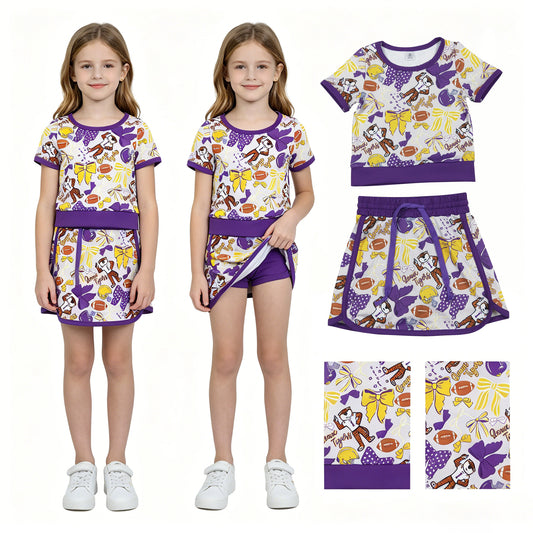 GSD3695 GO TEAM Tiger Rugby Yellow and Purple Bow Short Sleeve Top with Skirts for Girls Yoga Sets 202604 RTS