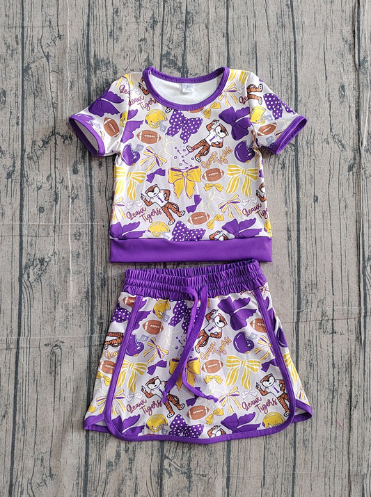 NO MOQ preorder GSD3695 GO TEAM Tiger Rugby Yellow and Purple Bow Short Sleeve Top with Skirts for Girls Yoga Sets 202602