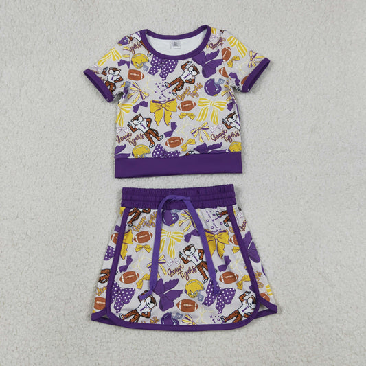 GSD3695 GO TEAM Tiger Rugby Yellow and Purple Bow Short Sleeve Top with Skirts for Girls Yoga Sets 202604 RTS