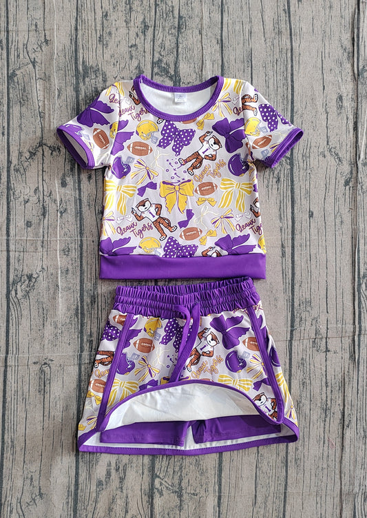 NO MOQ preorder GSD3695 GO TEAM Tiger Rugby Yellow and Purple Bow Short Sleeve Top with Skirts for Girls Yoga Sets 202602