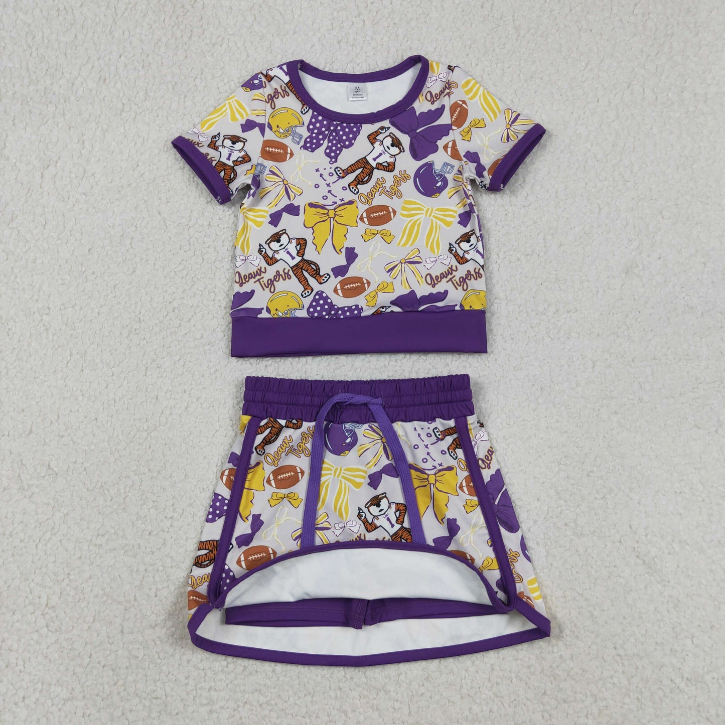GSD3695 GO TEAM Tiger Rugby Yellow and Purple Bow Short Sleeve Top with Skirts for Girls Yoga Sets 202604 RTS
