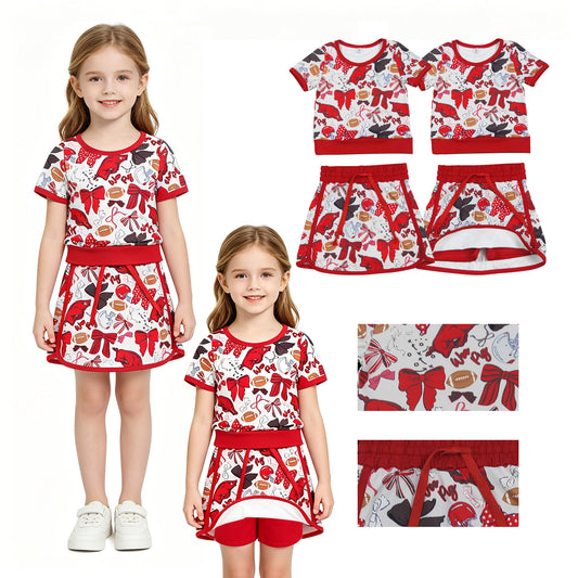 GSD3696 GO TEAM Wild Boars Football Red Bow Short Sleeve Top with Skirts for Girls Yoga Sets 202604 RTS
