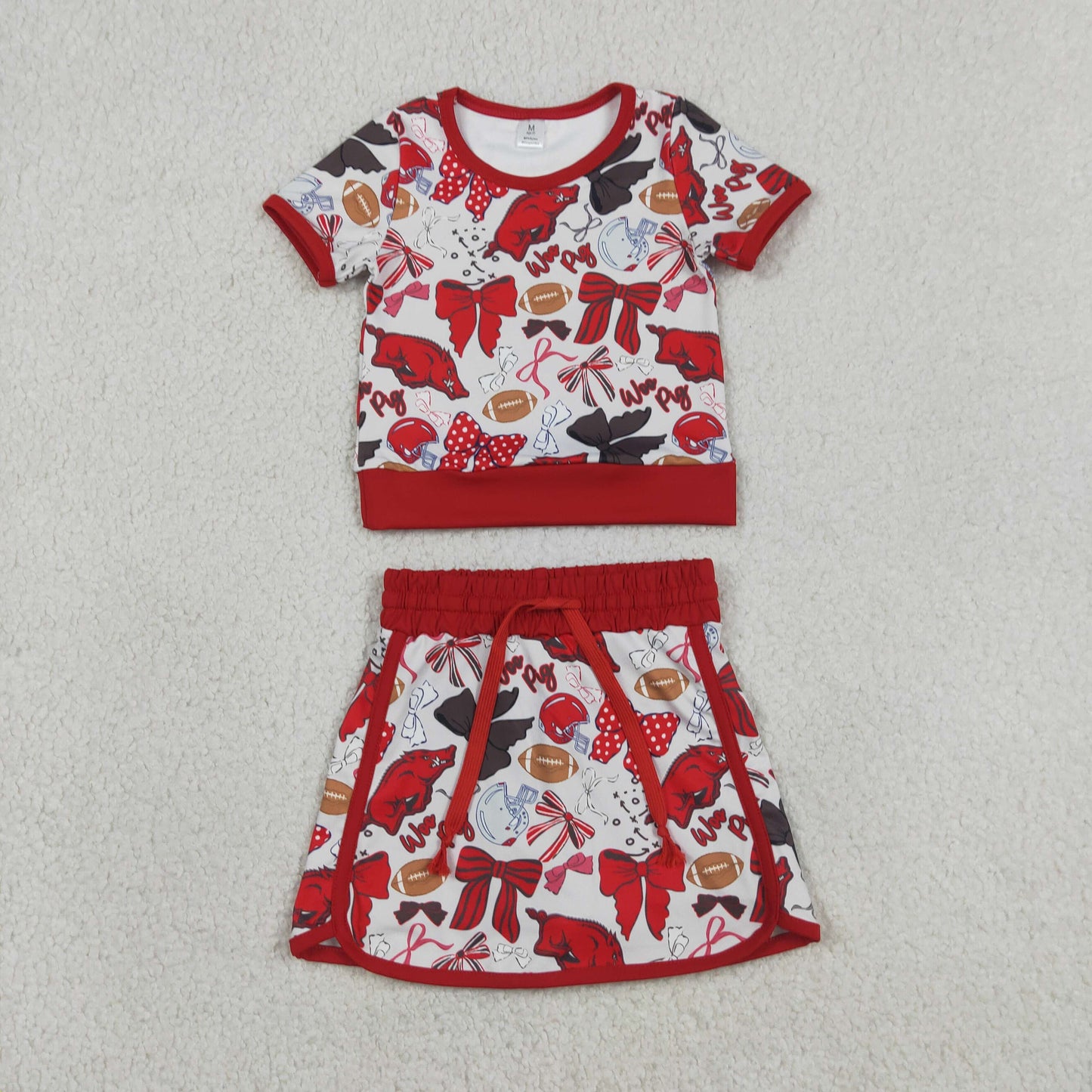 GSD3696 GO TEAM Wild Boars Football Red Bow Short Sleeve Top with Skirts for Girls Yoga Sets 202604 RTS