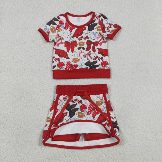 GSD3696 GO TEAM Wild Boars Football Red Bow Short Sleeve Top with Skirts for Girls Yoga Sets 202604 RTS