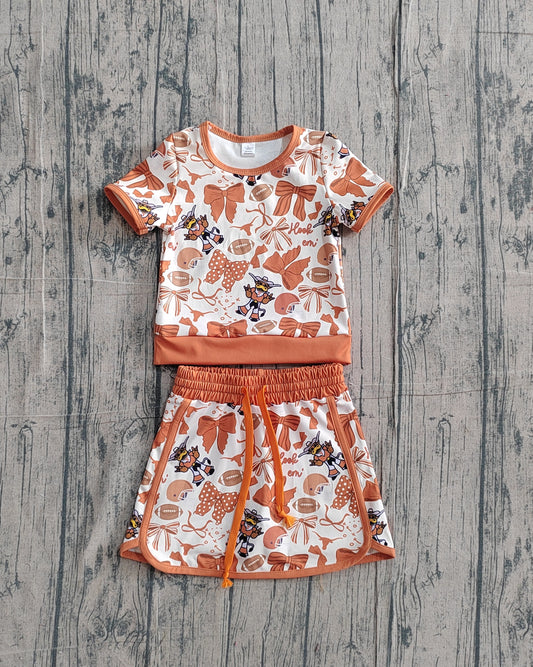 NO MOQ preorder GSD3697 GO TEAM Bull Rugby Brown Bow Short Sleeve Top with Skirts for Girls Yoga Sets 202602