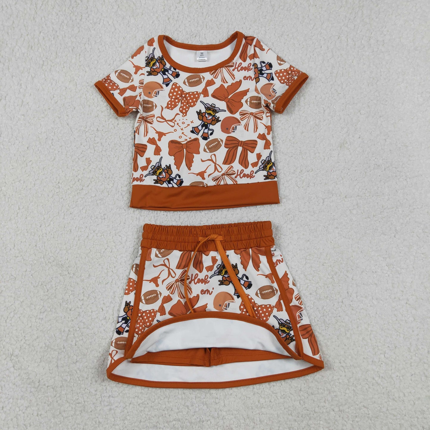 GSD3697 GO TEAM Bull Rugby Brown Bow Short Sleeve Top with Skirts for Girls Yoga Sets 202604 RTS