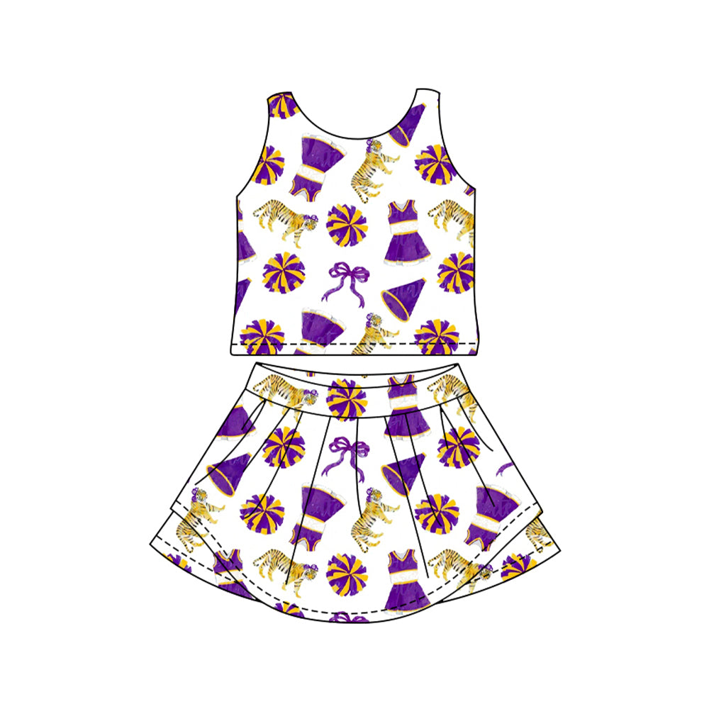 MOQ 5 PCS preorder GSD3699 GO TEAM Tiger Yellow and Purple Trumpet Bow White Sleeveless Top with Skirts for Girls Yoga Sets 202601