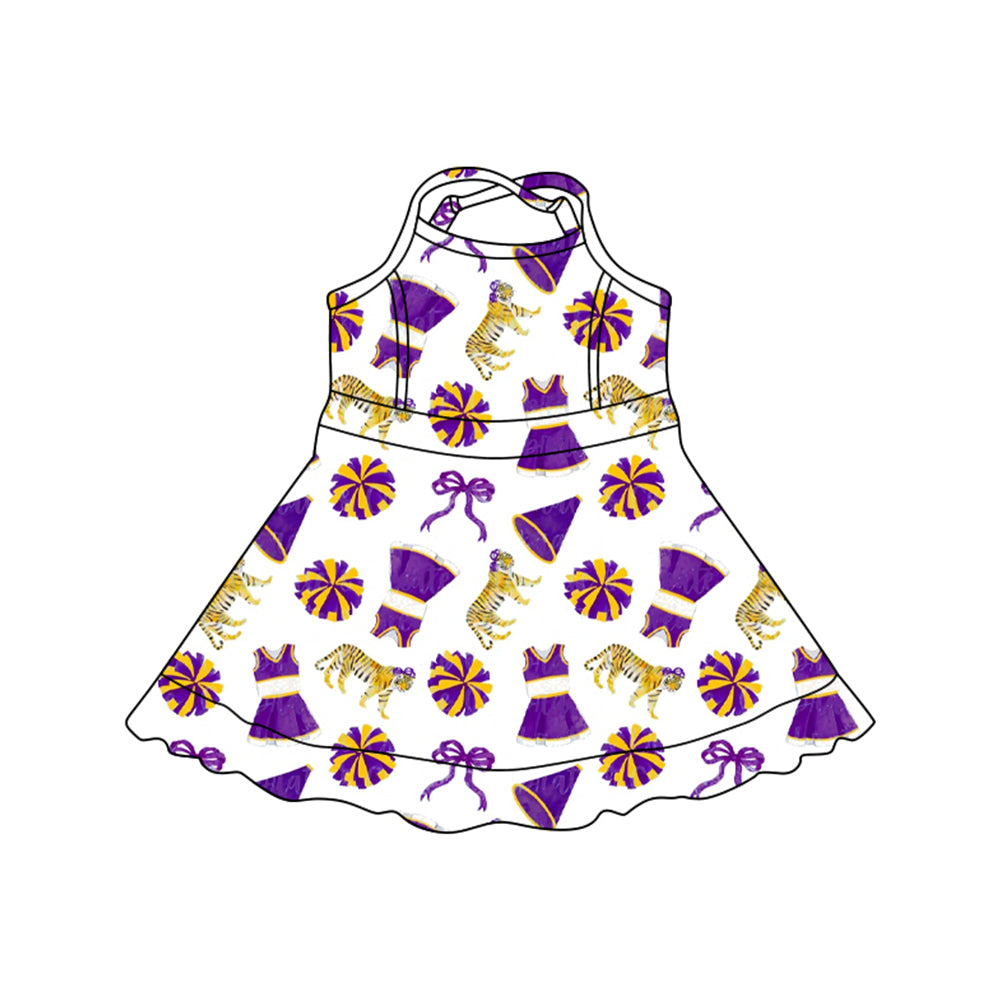 MOQ 5 PCS preorder GSD3701 GO TEAM Tiger Yellow and Purple Trumpet Bow White Halter Yoga Dresses for Girls 202601