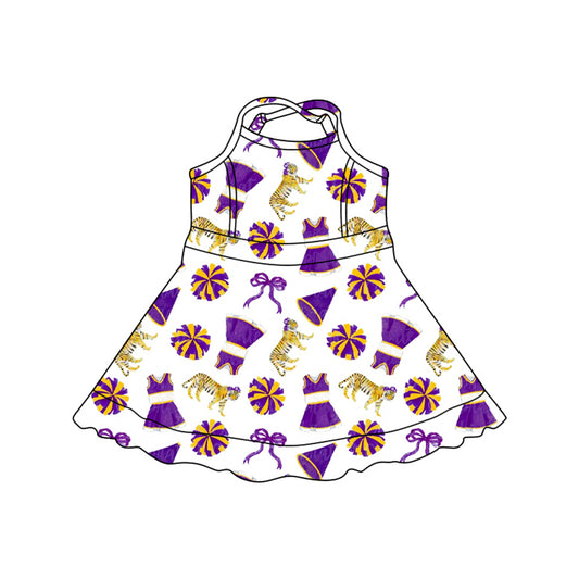 MOQ 5 PCS preorder GSD3701 GO TEAM Tiger Yellow and Purple Trumpet Bow White Halter Yoga Dresses for Girls 202601