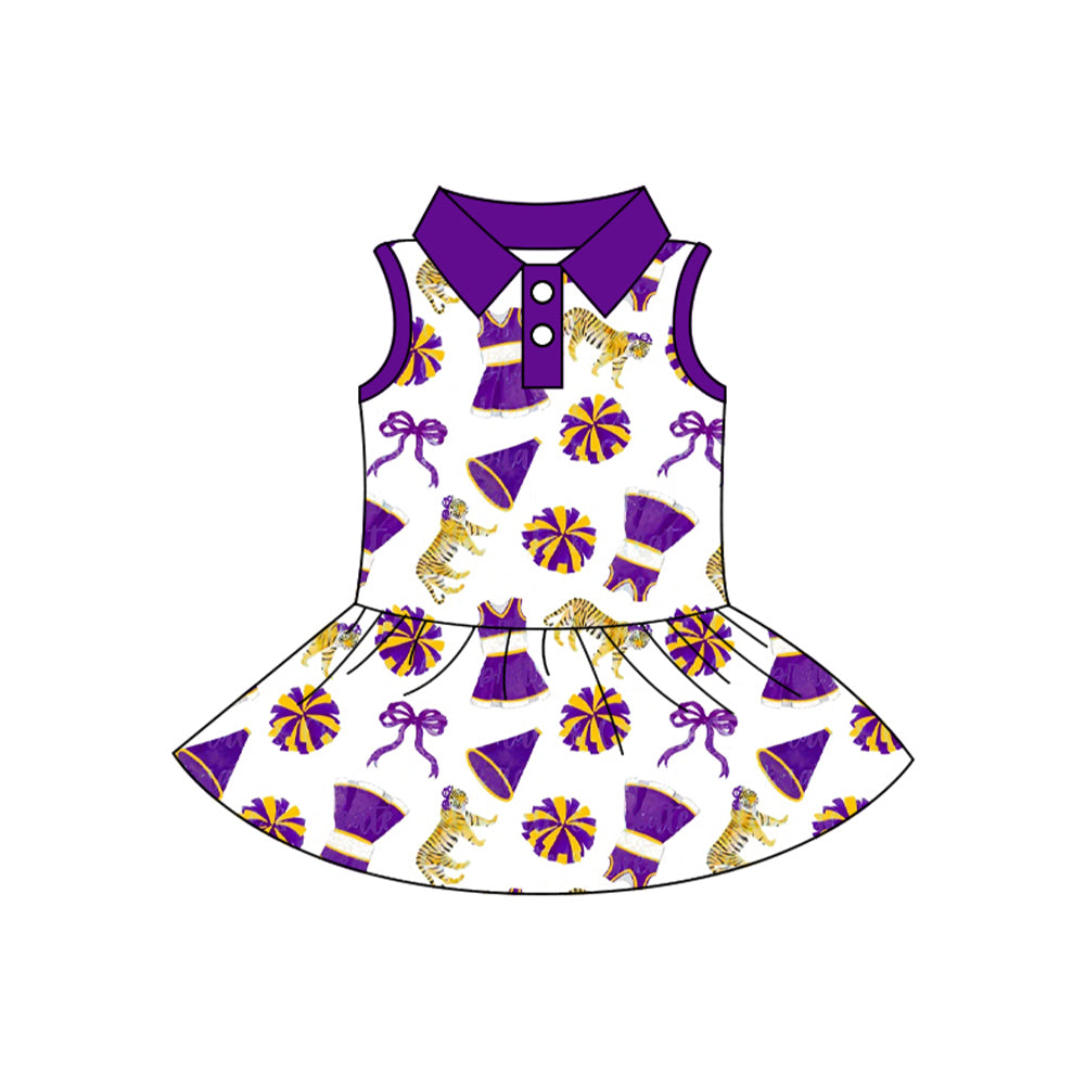 MOQ 5 PCS preorder GSD3702 GO TEAM Tiger Yellow and Purple Trumpet Bow White Polo Sleeveless Yoga Dresses for Girls 202601
