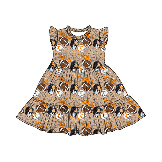 MOQ 5 PCS Preorder GSD3703 GO TEAM Vols Puppy Rugby Ruffle Brown Flying Sleeve Dresses for Girls 202601