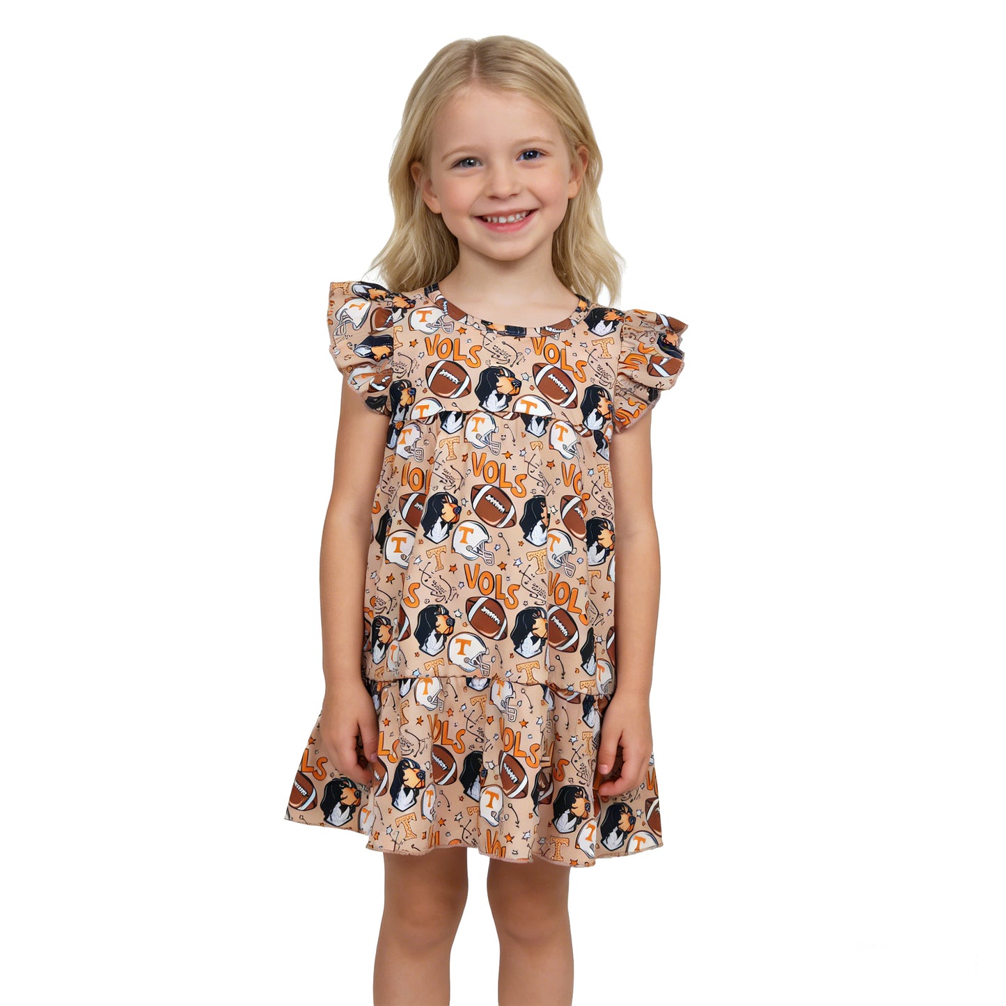 GSD3703 GO TEAM Vols Puppy Rugby Ruffle Brown Flying Sleeve Dresses for Girls 202603 RTS