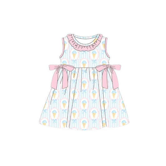 MOQ 5 PCS preorder GSD3718 Ice Cream Bows Stripe Pink Ruffle Sleeveless Dresses for Girls 202601