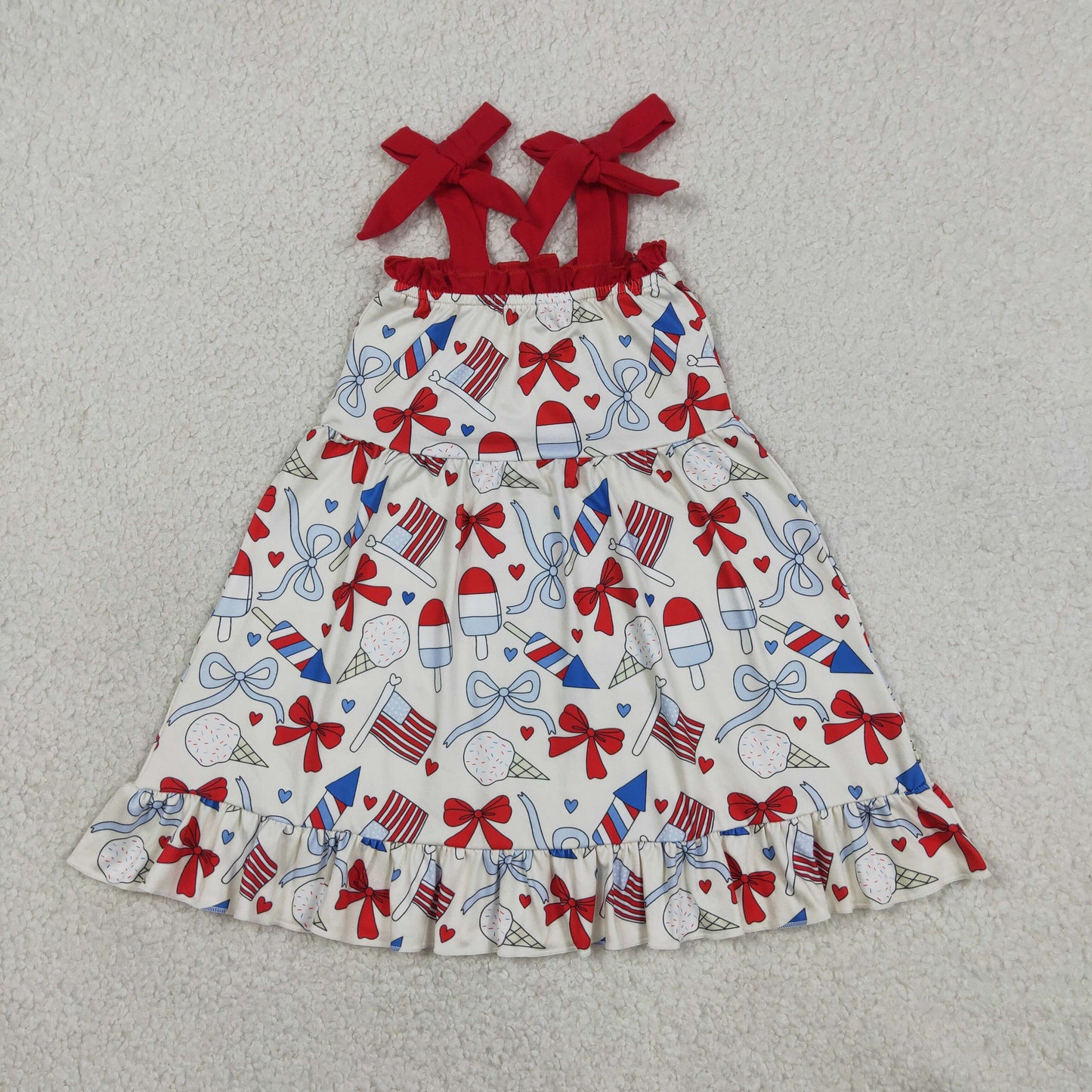 GSD3723 4th of July Ice Cream Flag Bows Red Ruffle Sleeveless Dresses for Girls 202604 RTS