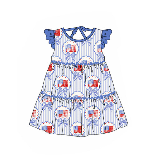 MOQ 5 PCS preorder GSD3724 4th of July Flag Bows Stripe Blue Flying Sleeve Dresses for Girls 202601