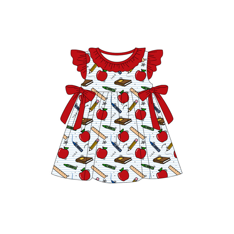 MOQ 5 PCS preorder GSD3725 Back to School Apple Red Bows Ruffle Flying Sleeve Dresses for Girls 202601