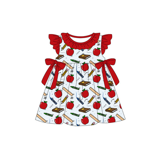 MOQ 5 PCS preorder GSD3725 Back to School Apple Red Bows Ruffle Flying Sleeve Dresses for Girls 202601